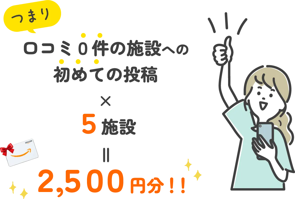 口コミ０件の施設への初めての投稿を５施設すると、２,５００円分！！
